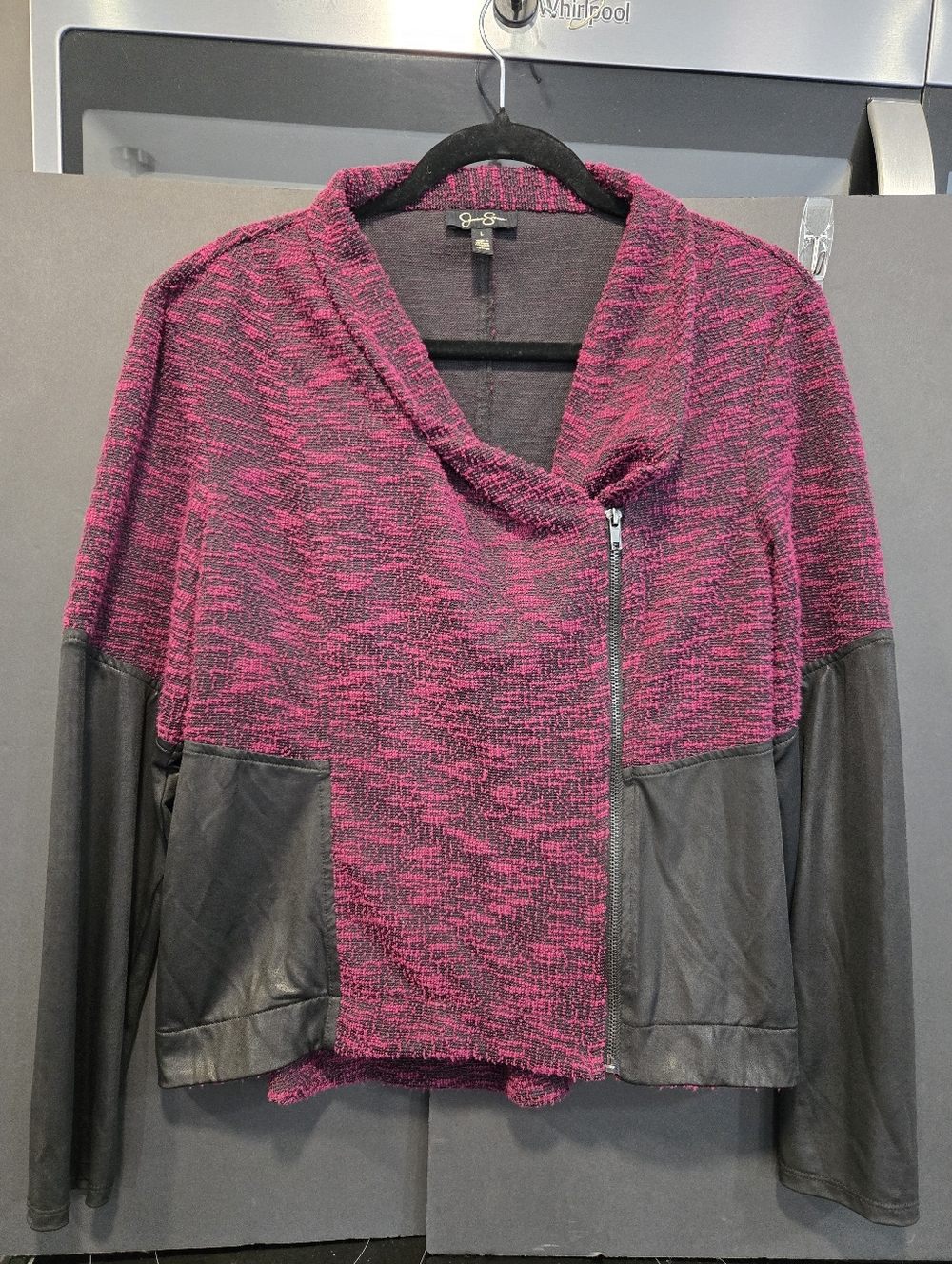 Jessica Simpson Magenta and Black Mixed-Media Open-Front Cardigan